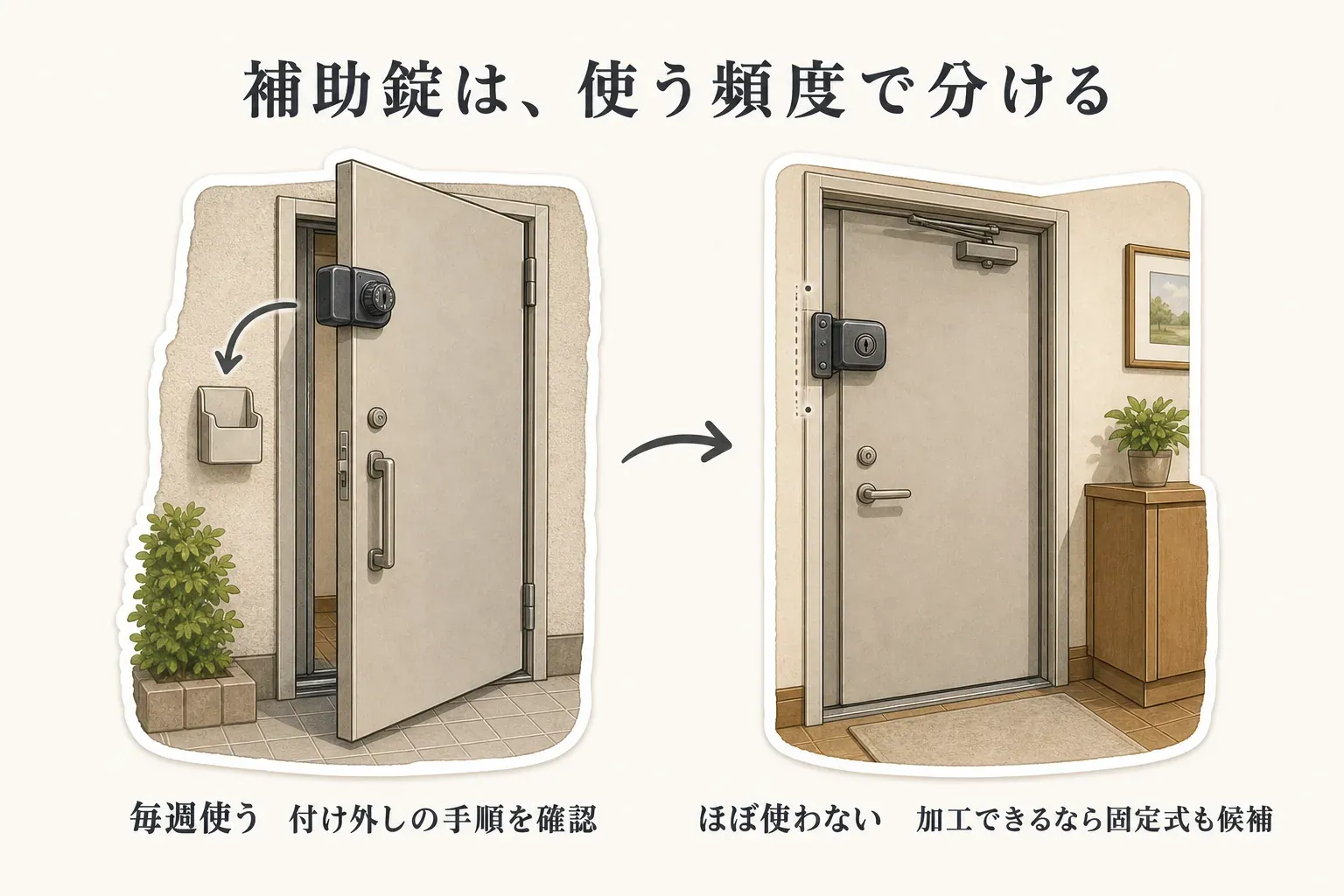 勝手口の補助錠を使う頻度で分ける図。毎週使う扉では付け外しの手順と本体の保管を確認し、ほぼ使わず加工できる扉では固定式の補助錠も候補にすることを示す。