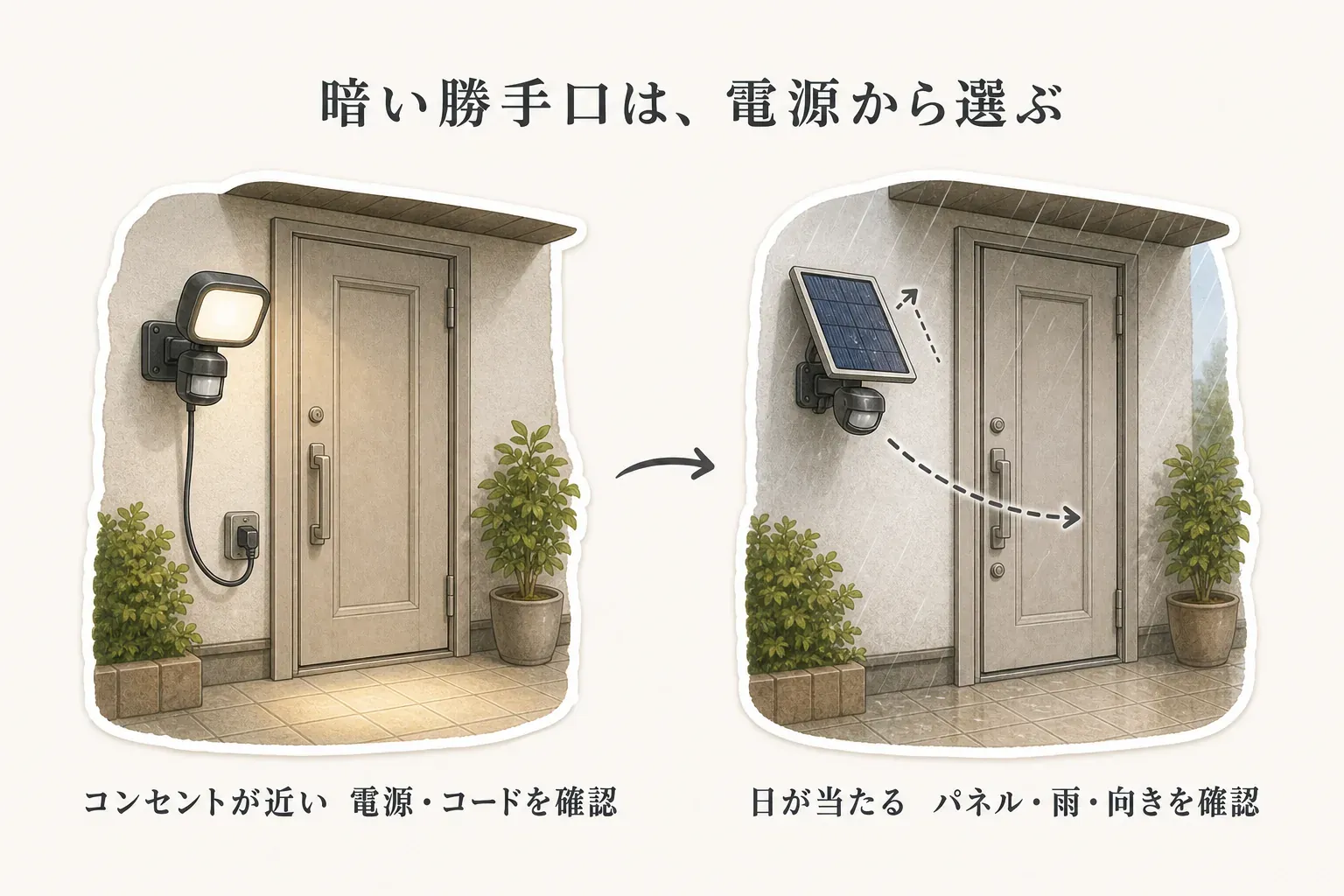 暗い勝手口のセンサーライトを電源から選ぶ図。コンセントが近い場所では電源とコードを確認するコンセント式、日が当たる場所ではソーラーパネル・雨・照射方向を確認するソーラー式を示す。