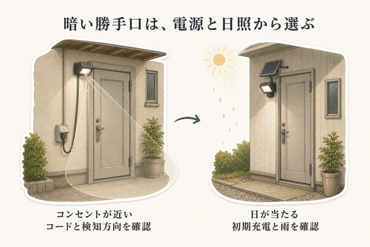 勝手口のライトを電源と日照から選ぶ図。コンセント式ではコードの届く範囲と検知方向を確認し、ソーラー式では日当たり、初期充電、雨の当たり方を確認する。