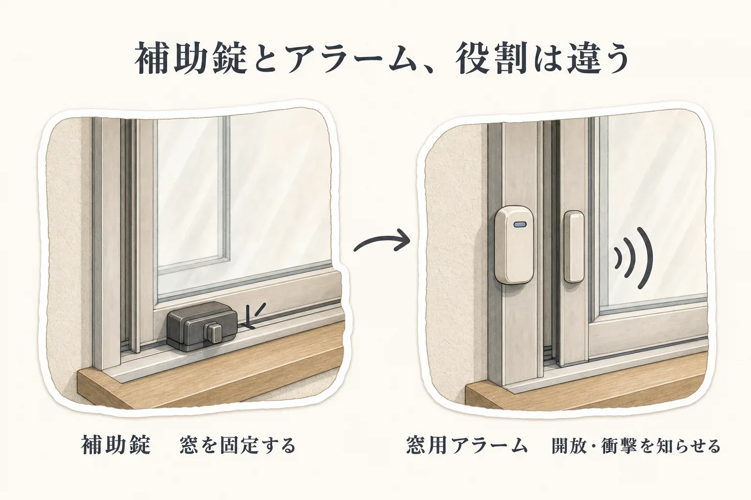 窓の補助錠と窓用アラームの役割の違いを示す図。補助錠はサッシを固定して窓の開きを止め、窓用アラームは窓の開放や衝撃を音で知らせる。
