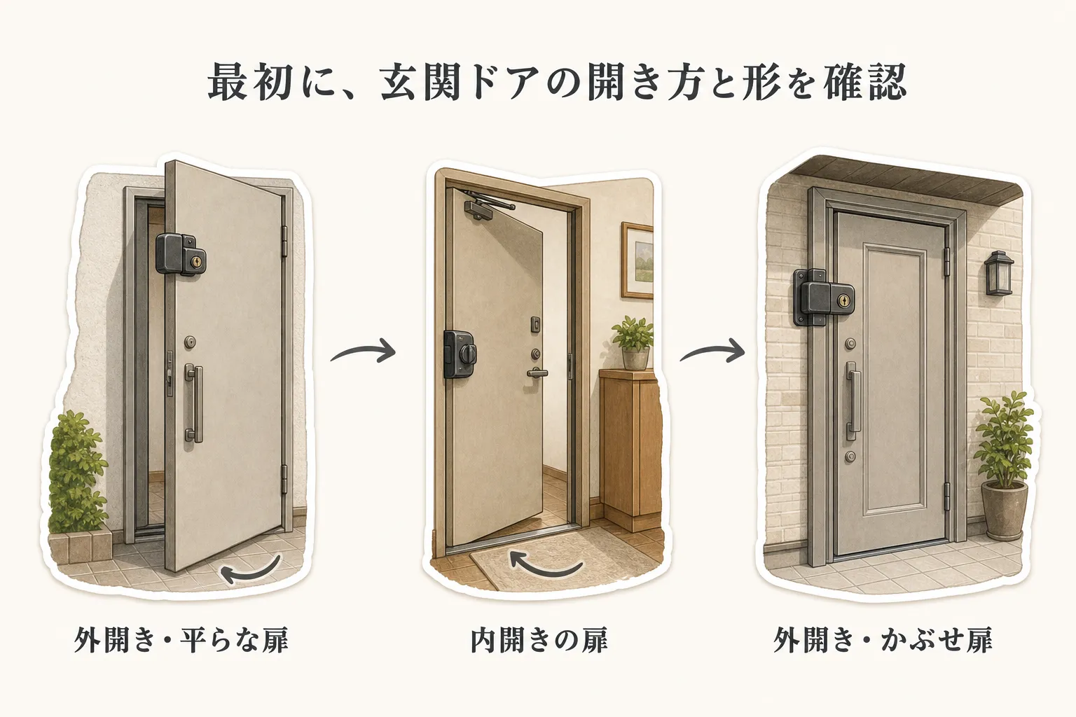 玄関補助錠を選ぶ前に確認するドアの種類として、外開きで平らな扉、内開きの扉、外開きのかぶせ扉を、開く向きと補助錠の取り付け位置とともに示す図。