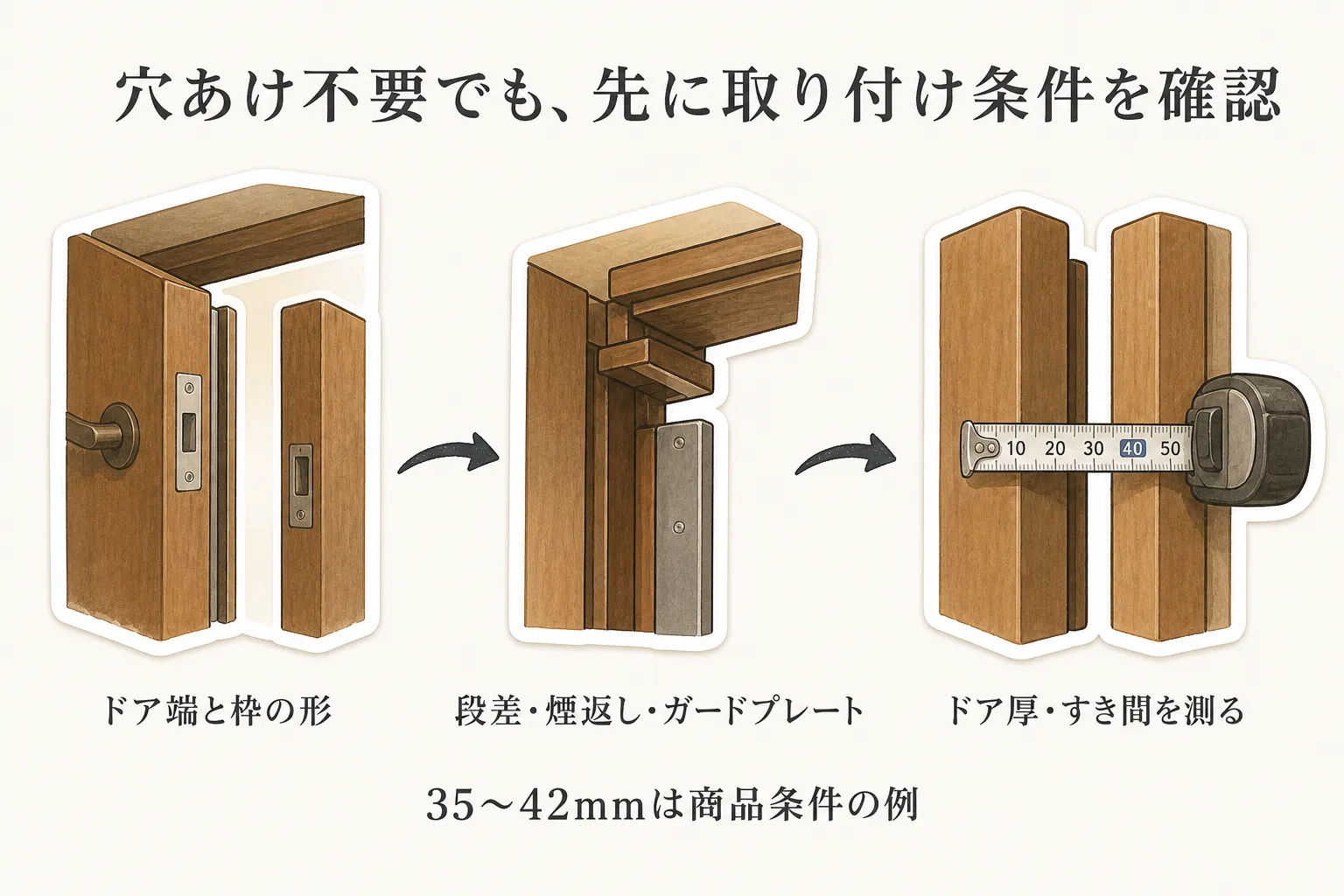 穴あけ不要の玄関補助錠でも確認する取り付け条件として、ドア端と枠の形、段差・煙返し・ガードプレートの有無、ドア厚とドア枠とのすき間を測る様子を示す図。ドア厚35〜42mmは商品条件の例。