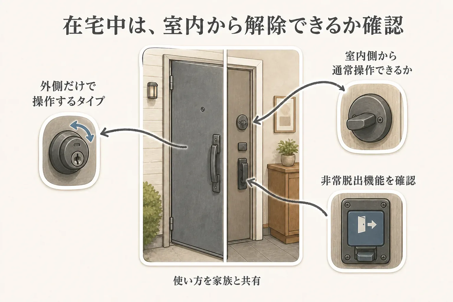 在宅中の玄関補助錠の使い方として、外側だけで操作するタイプ、室内側から通常操作できるサムターン、室内から解除する非常脱出ボタンを示し、家族で解除方法を共有する必要を示す図。