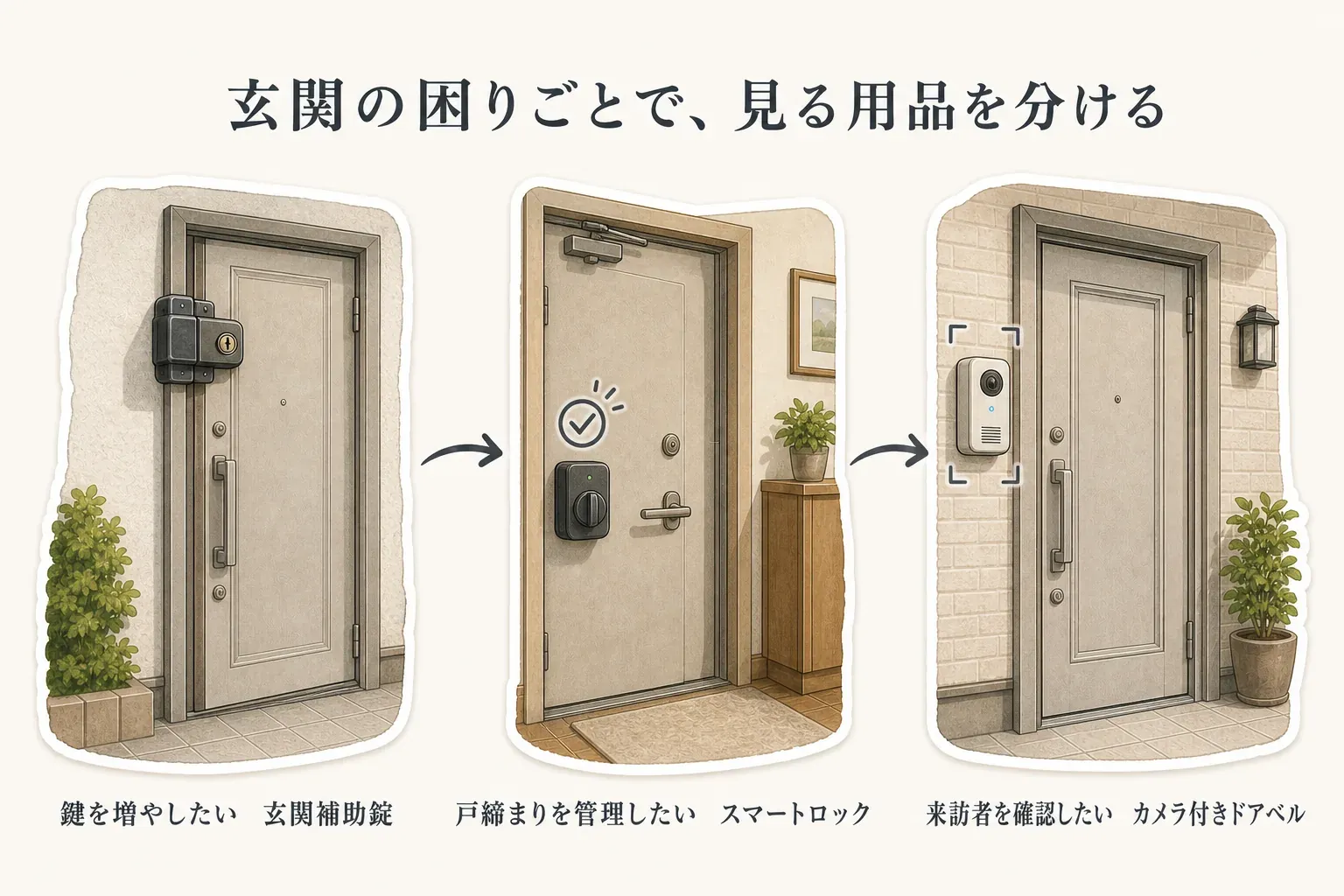玄関の困りごと別に見る用品を分ける図。鍵を増やしたい場合は玄関補助錠、戸締まりを管理したい場合はスマートロック、来訪者を確認したい場合はカメラ付きドアベルを選ぶことを、各機器を付けた玄関ドアのイラストで示す。