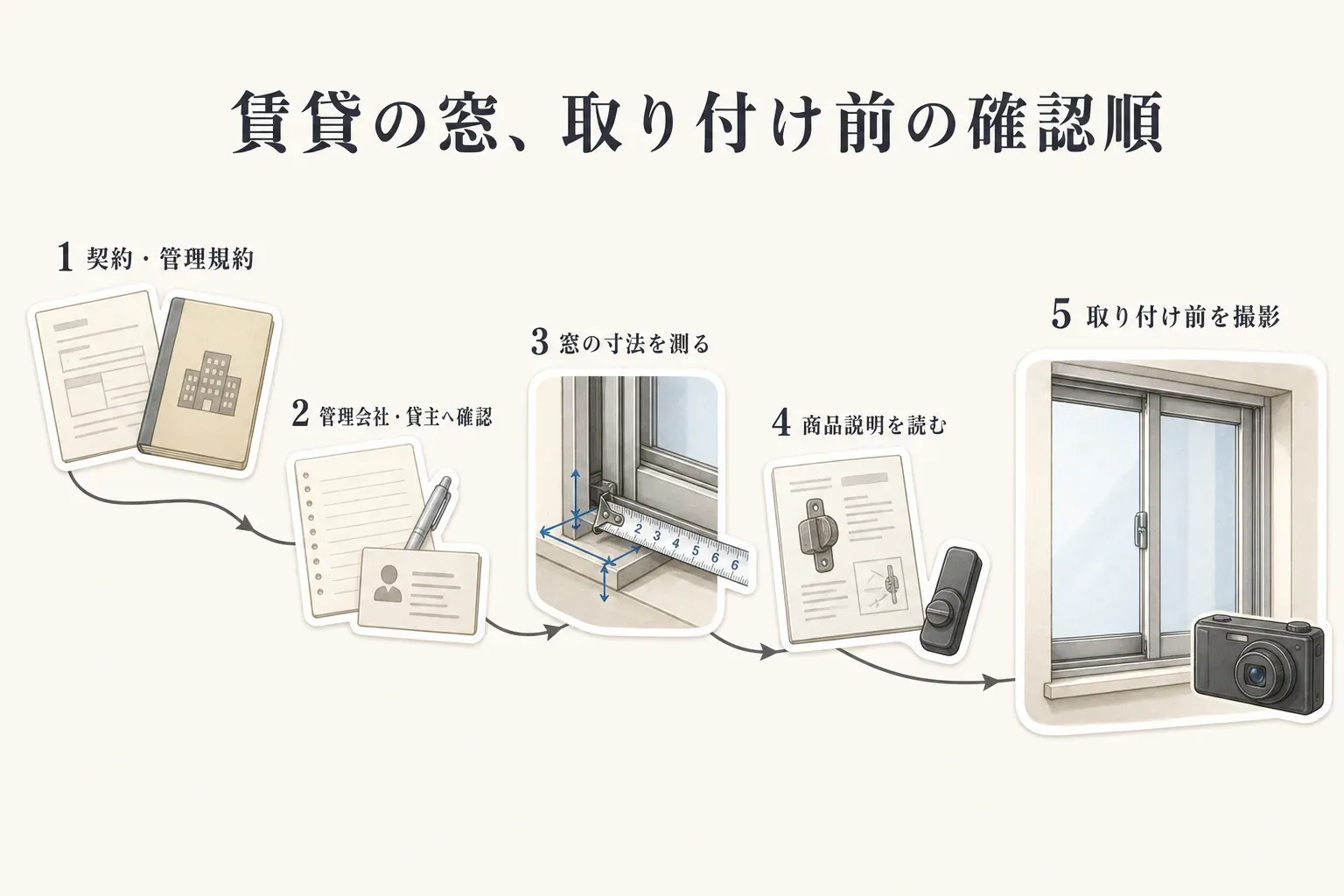 賃貸の窓に防犯グッズを取り付ける前の確認順を示す図。契約・管理規約の確認、管理会社・貸主への確認、窓の寸法測定、商品説明の確認、取り付け前の窓の撮影を順に行う。