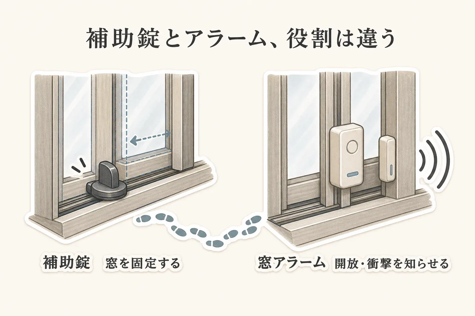 窓の補助錠と窓アラームの役割の違いを示す図。補助錠はサッシを固定して窓の開きを止め、窓アラームは磁気センサーで窓の開放・衝撃を検知して音で知らせる。