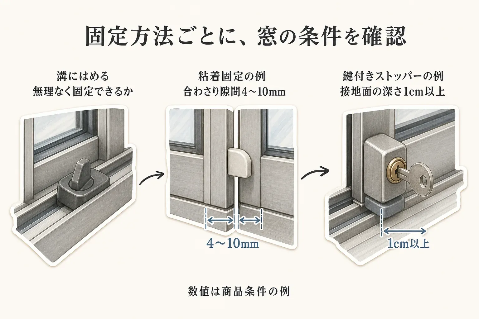 窓補助錠の固定方法ごとに確認する適合条件を示す図。溝にはめるタイプは無理なく固定できるか、粘着固定タイプは窓の合わさり隙間4〜10mm、鍵付きストッパーは接地面の深さ1cm以上を確認する。数値は商品条件の例。