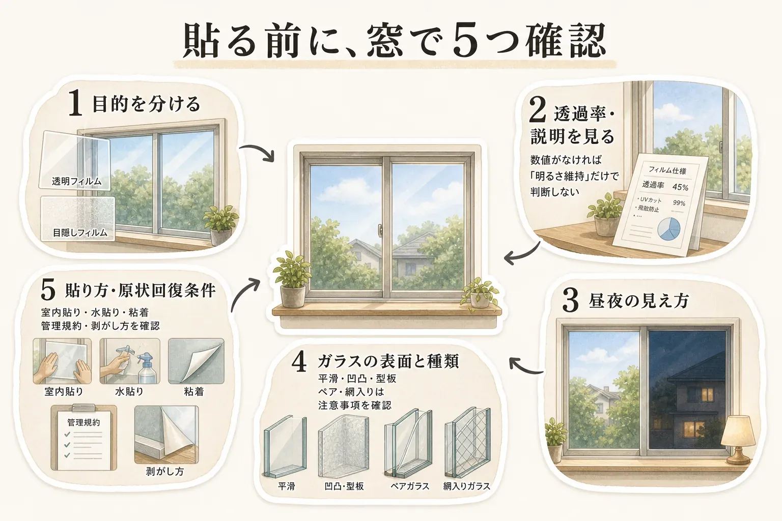窓フィルムを貼る前の5つの確認項目を示す図。目的を透明フィルムか目隠しフィルムかで分け、透過率・商品説明、昼夜の見え方、平滑・凹凸・型板・ペア・網入りなどガラスの表面と種類、室内貼り・水貼り・粘着と管理規約・剥がし方を確認する流れを示している。