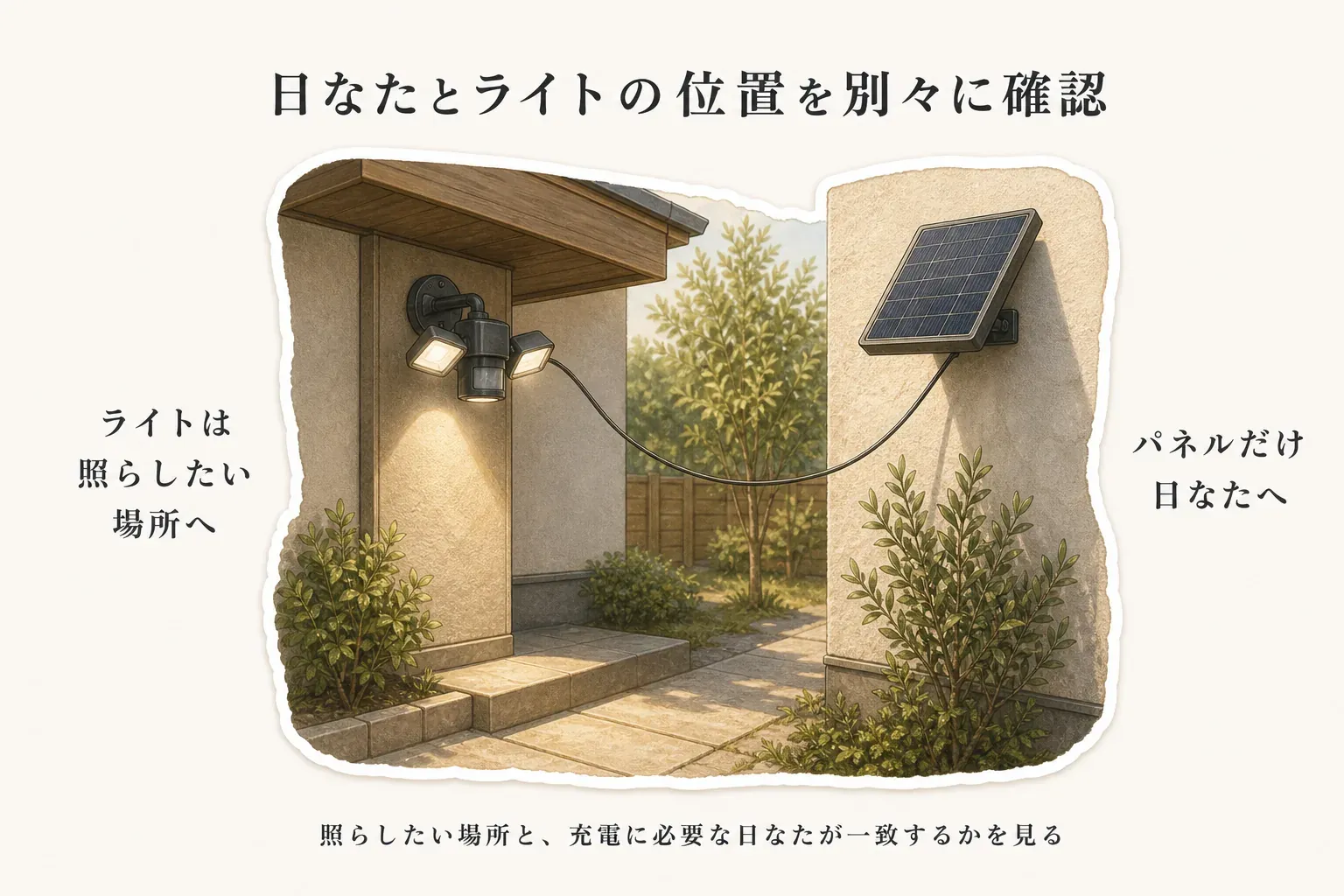 分離式ソーラーセンサーライトの設置図。日陰になりやすい玄関先または駐車場の壁にライト本体を設置し、ケーブルでつないだソーラーパネルは日当たりのよい場所へ離して向ける。人の歩く動線と照射方向も確認する