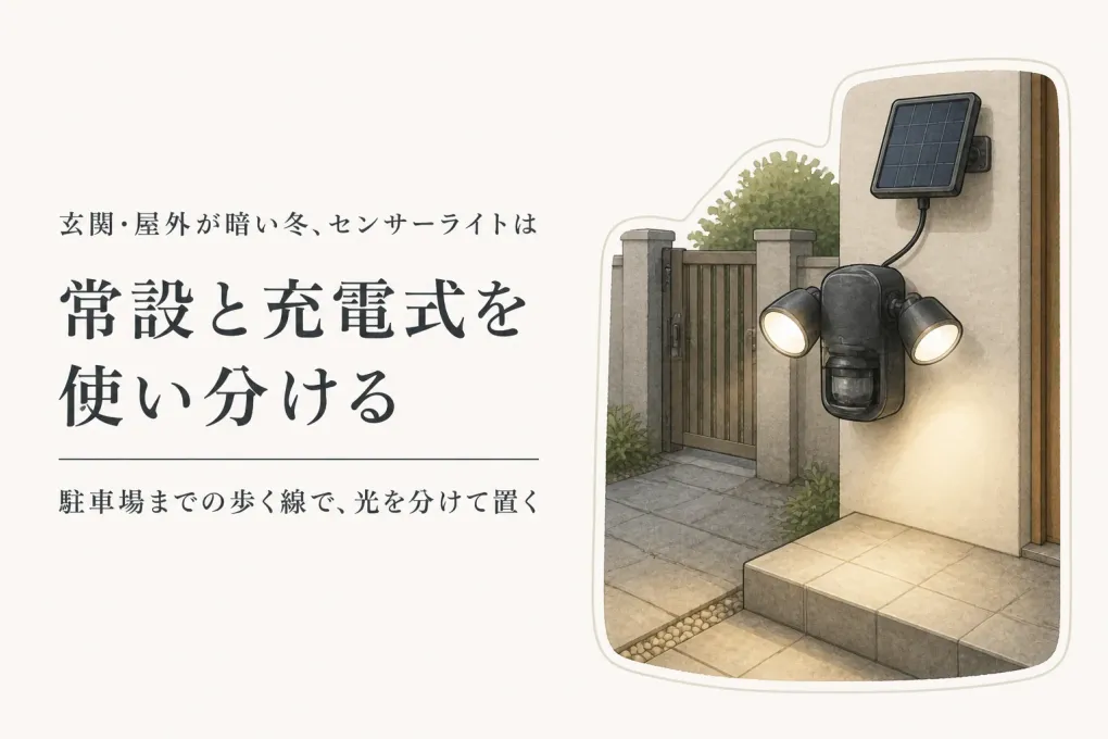 センサーライト 玄関・屋外は常設と充電式を使い分け｜冬の駐車場まで照らす設置場所の選び方