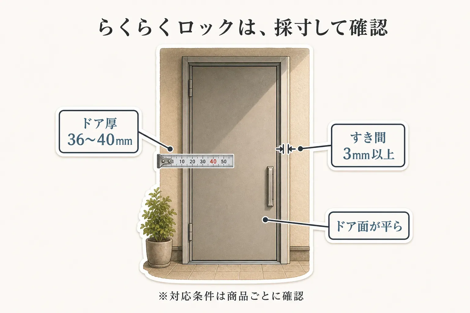 らくらくロックの購入前に確認するドアの採寸図。ドア厚は36〜40mm、ドア枠とのすき間は3mm以上、ドア面が平らであることを示し、対応条件は商品ごとに確認すると注記している