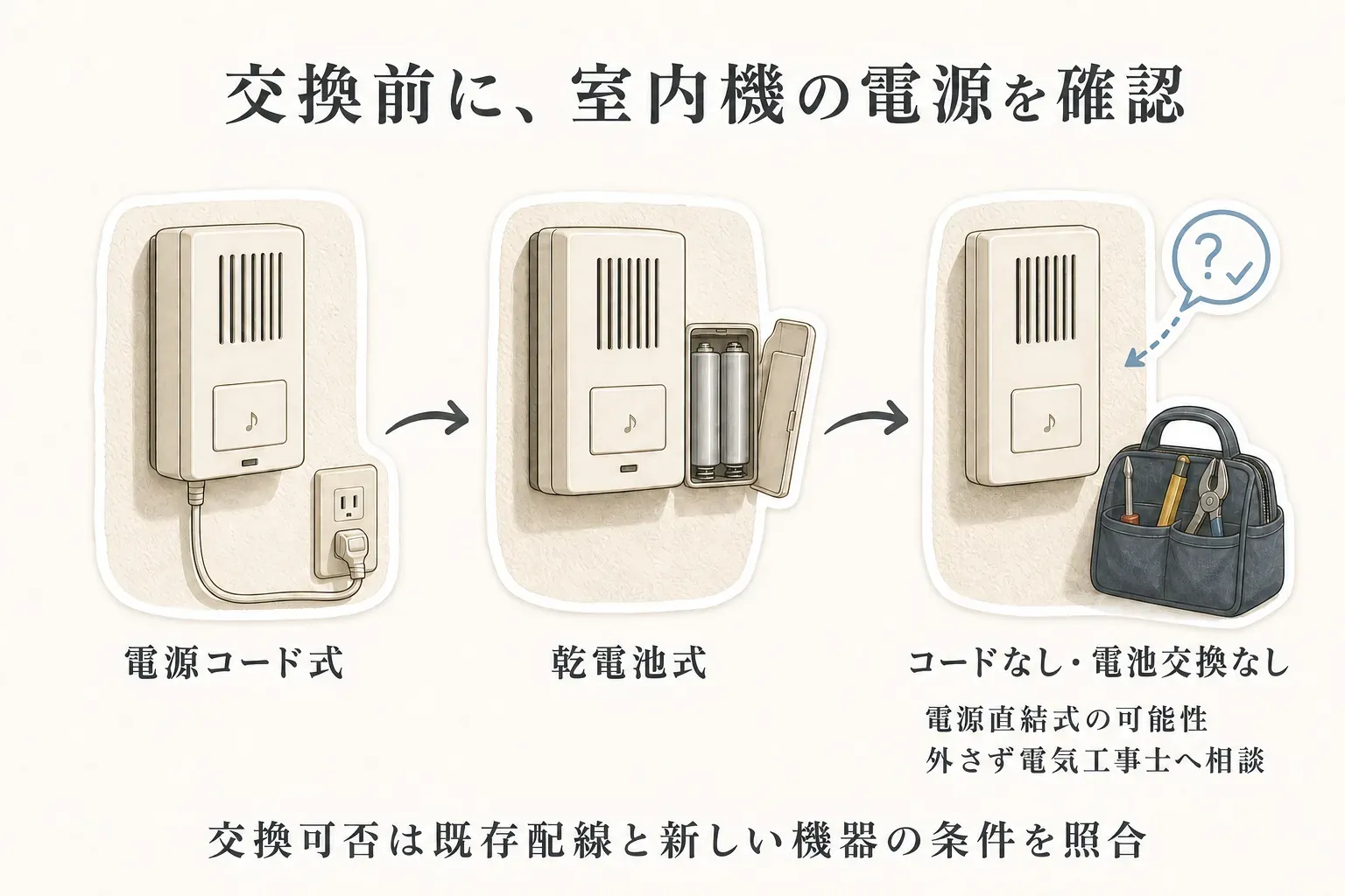 既存チャイムの室内機を交換前に確認する図。電源コード式、乾電池式、コードがなく乾電池も交換しない電源直結式の可能性がある機器を並べ、電源直結式の可能性があれば外さず電気工事士へ相談し、既存配線と新しい機器の条件を照合すると示している